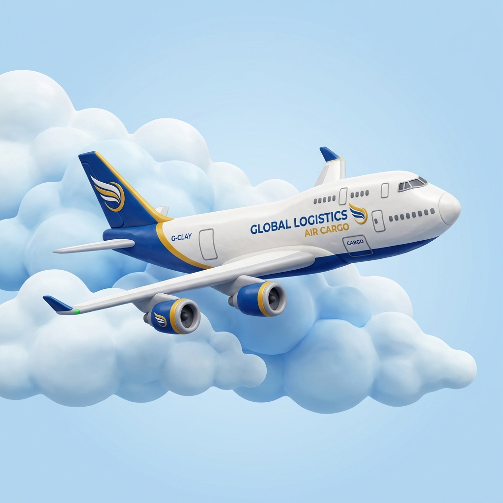 Relight Logistics cargo aircraft soaring through stylized 3D clay clouds
